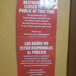 RESTROOMS CLOSED IN VIOLATION OF HEALTH AND SAFETY CODES.  WILL TAKE MY $ ELSEWHERE!