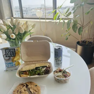 Delicious smoked roast beef with Greek farro salad, a cookie and sea salt potato chips, lavender lemonade drink