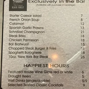 Bar menu