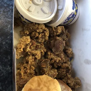 Chicken Livers.  Hot and fresh out the grease.  Pretty good with some of that gravy!!  Ms. Mary hooked it up!!