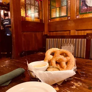 Pretzels in a booth seat