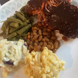 spicy ribs, green beans, pineapple slaw, mac &amp; cheese and baked beans.