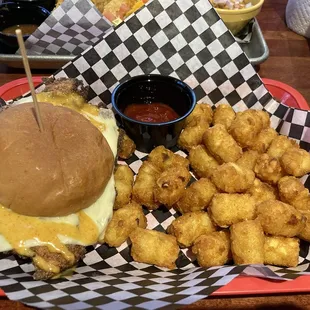 Chicken sandwich and tots