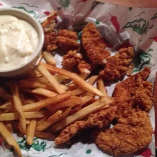 Kids tenders and gravy (intended is cut up)