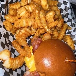 Bacon cheeseburger and season fries