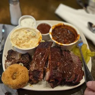 This is also kansas city sampler with Pork spare ribs, burnt ends and brisket, with potato salad and beans, potatoes salad yummy