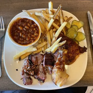 Burnt Ends, Barbecue Chicken,  Hickory Pit Beans and Fries