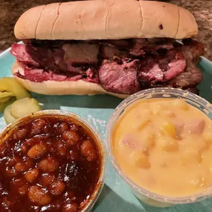 Jumbo with Polish Sausage (Sliced Meat) and Beef Brisket (Sliced Meat) Bbq Hickory Pit Beans Cheesy Corn Bake