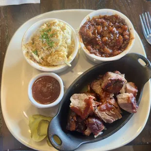 Burnt ends, potato salad and hickory beans