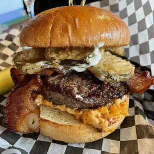 Botz burger - pimento cheese, bacon, fried pickles, and ranch dressing