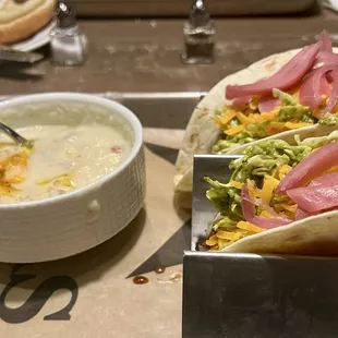 Hardy Irish Ale and Cheddar Potato Soup and Fish Tacos: pretty tasty.