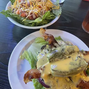 Jalapeño beer cheese burger without bun and side salad