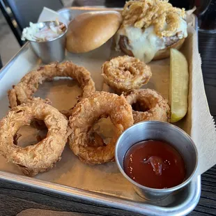 Mushroom and Swiss Burger/Onion rings