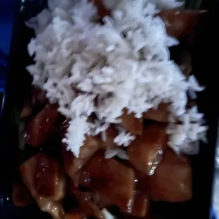 Bourbon chicken dinner (full portion of rice not pictured)