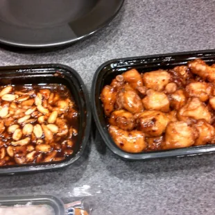 Left: kung pao chicken. Pretty good! Right: General Chen&apos;s chicken. Sooooo good!