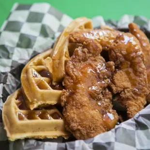 Chicken and Waffles with a chili maple syrup