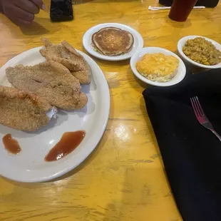 Catfish, Mac and cheese, fried corn, cornbread
