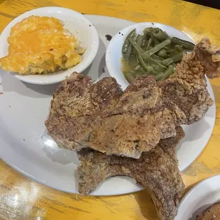 Pork chops, green beans, Mac and cheese