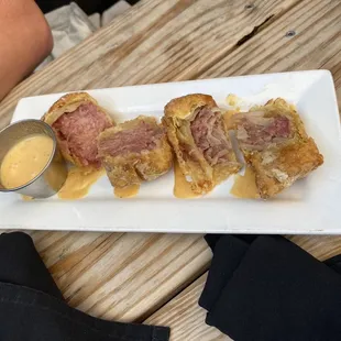 Reuben egg rolls, these were my favorite appetizer! Crunchy, rich, hot, delicious!