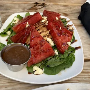 Grilled watermelon appetizer was light and refreshing. The sauce was so yummy and had crispy crackers and goat cheese