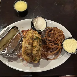 8 oz fillet cooked medium, and seasoned lobster tails with baked potato was a hit!