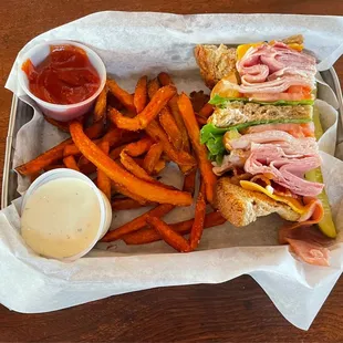 Half of The Club Sandwich &amp; Sweet Potato Fries