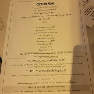 Crawfish menu