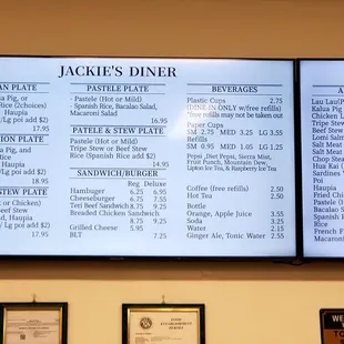 a menu on the wall