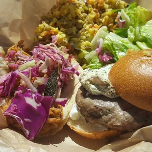 Lamb Burger, Pulled Pork Shoulder, Rice and Lentil Salad, Tricolor Salad