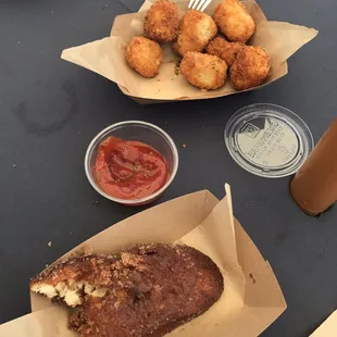 cheddar scallion tater tots with Sriracha ketchup  and the braZilian french toast