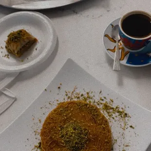 From left to right: Pistachio baklava, knafeh, and Armenian coffee
