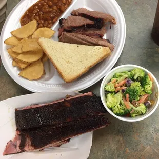 Combo Meal w/ brisket and ribs w/ baked beans/broccoli salad/ jacks potatoes