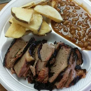 Smoked sliced brisket Jack's fried potatoes BBQ beans