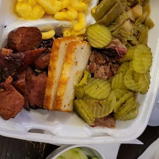 Brisket, sausage, mac n chz, green beans and cucumbers