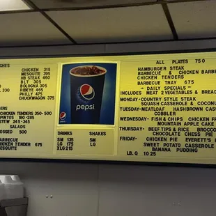 a menu on the wall