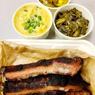 Rib plate w/collard greens &amp; galic mash