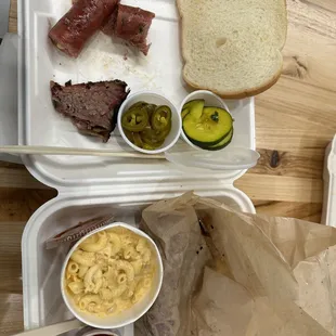 brisket and sausage with a side of mac &amp; cheese