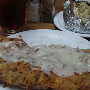 Chicken fried steak and baked potatoe if you love buttermilk either ranch dressing it is delicious and fresh