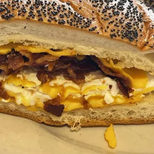 Bacon, fried egg and cheese sandwich