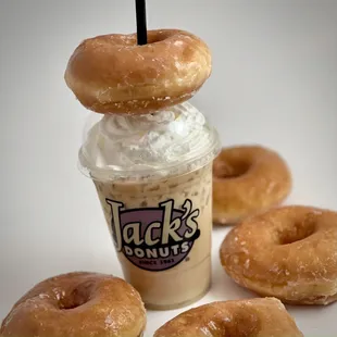 three doughnuts and a drink