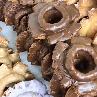 Variety of old-fashioned donuts.