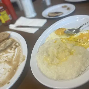 BISCUIT AND GRAVY WITH GRITS &amp; OVER EASY EGGS