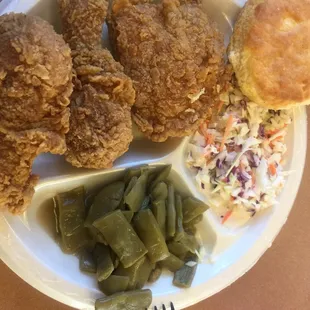 fried chicken, green beans, and a biscuit