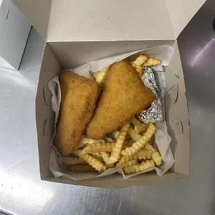 Two piece fish basket with regular fries.