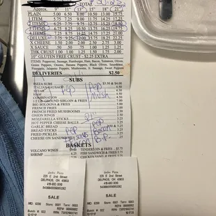 the receipt for the restaurant