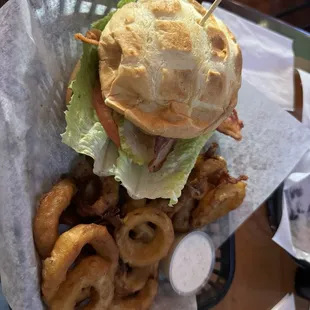 Bbq burger and beer batter onion rings