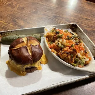 Nacho cheeseburger and cheesy tater tots.