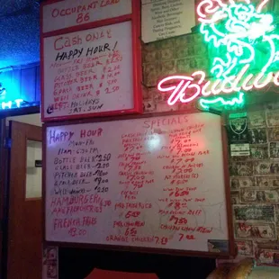 a menu and neon signs