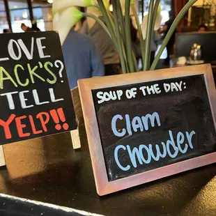 Soup of the Day at their host station at Jack's Restaurant & Bar in San Bruno.