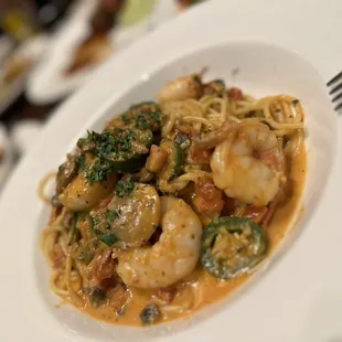 Shrimp Scampi with pink sauce add jalapeños